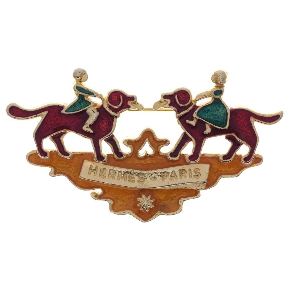 Hermes Cloisonne Dog and Girl Brooch Gold