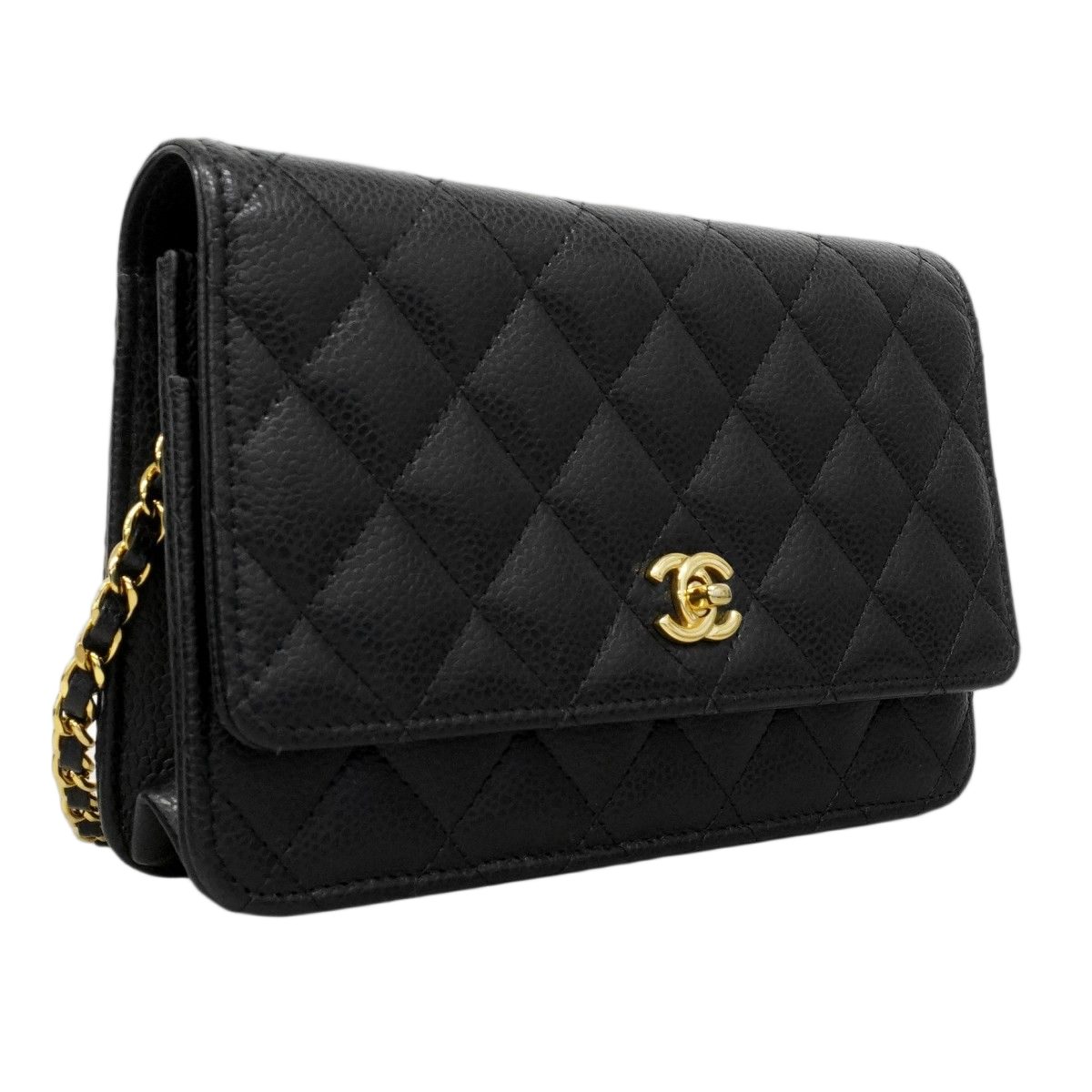 Chanel Shoulder Bag Quilted Caviar Leather Black Gold — view 2