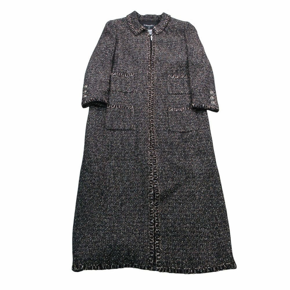 Chanel Tweed Long Coat Brown Black 44 XL