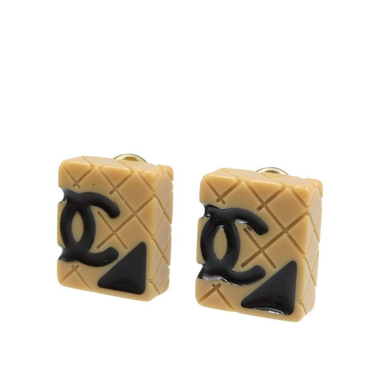 Chanel Cambon Line Coco Mark Plastic GP Beige Black Earrings 0171