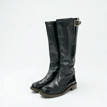Chanel Boots Long Shoes Leather Patent Black Gold Logo