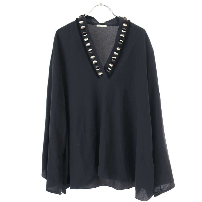 Hermes 2018 Resort Embroidery V-Neck Pullover Blouse Navy 42