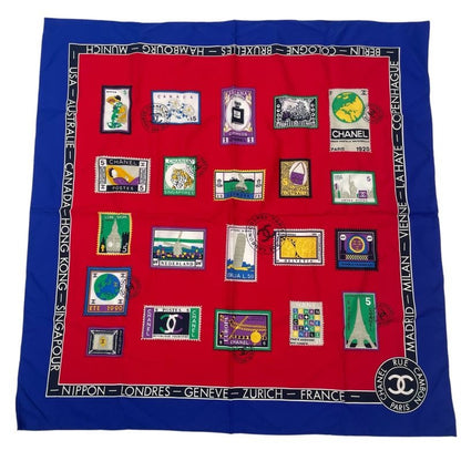 Chanel Scarf Silk Stamp Pattern Coco Mark Multicolor