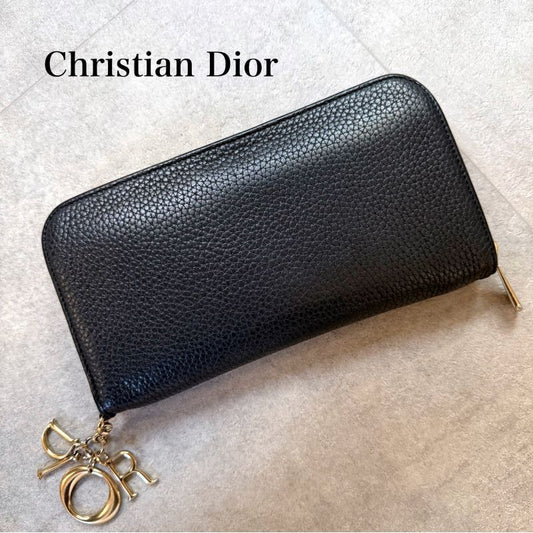 Christian Dior Iss Imo Round Zipper Long Wallet Zip Logo Charm Black Pink