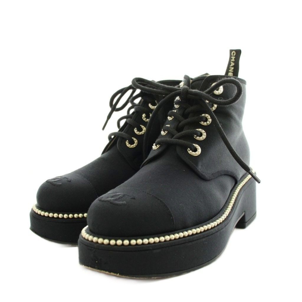 Chanel CC Logo Short Boots Lace Up Pearl 37 Black