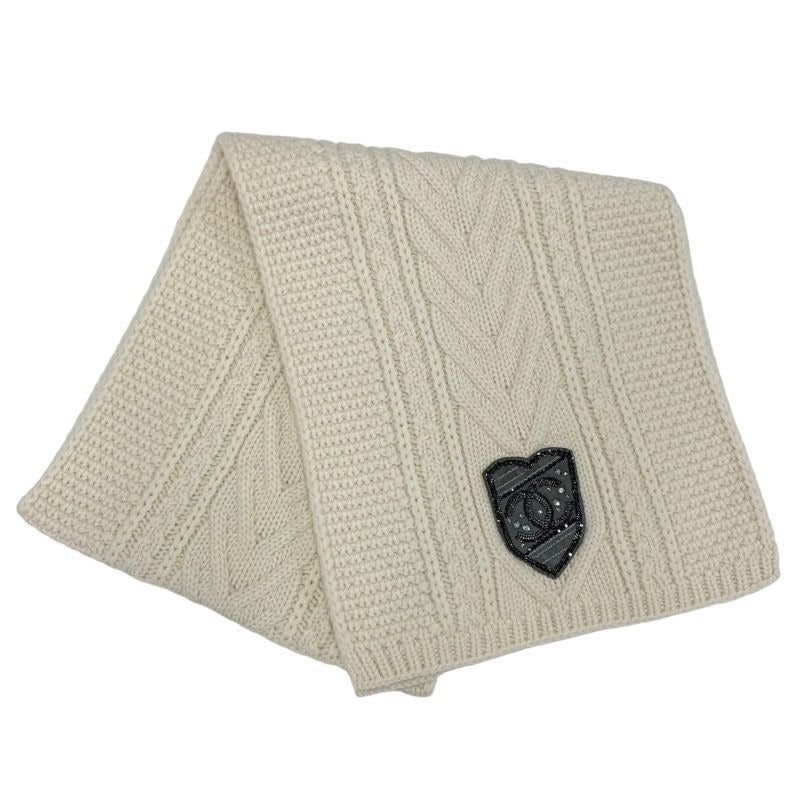 Chanel Muffler Cashmere White Coco Mark Patch Rhinestone Chain Scarf