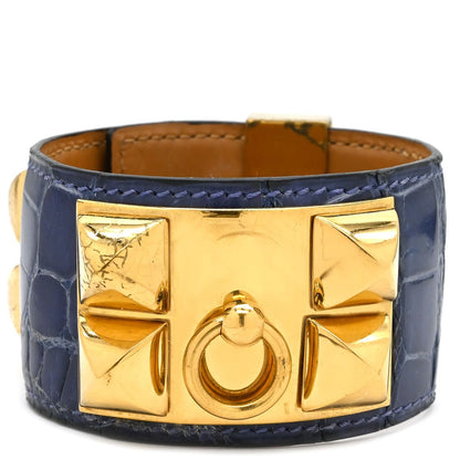 Hermes Bracelet Collier de Chien Press Porosus Navy Gold S Blue Studs
