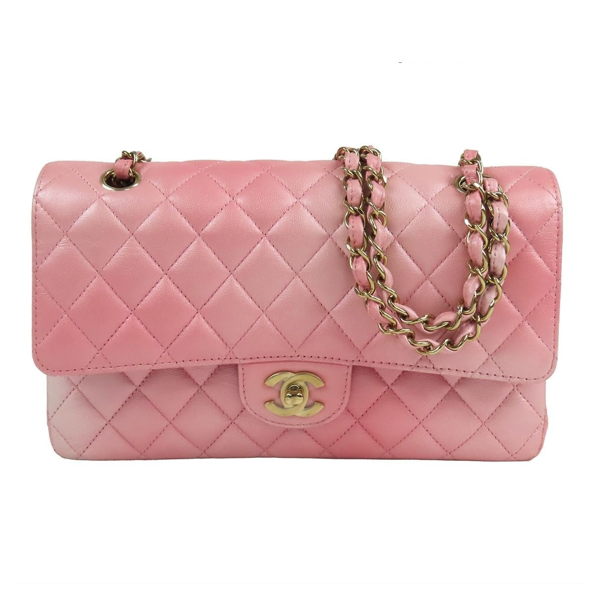 Chanel Chain Shoulder Bag Pink Gold Leather Quilted 25 Double Flap