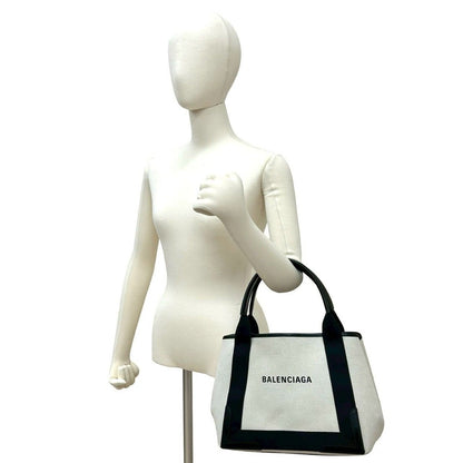 Balenciaga Navy Cabas S Logo Canvas Leather Tote Ivory Black — view 2