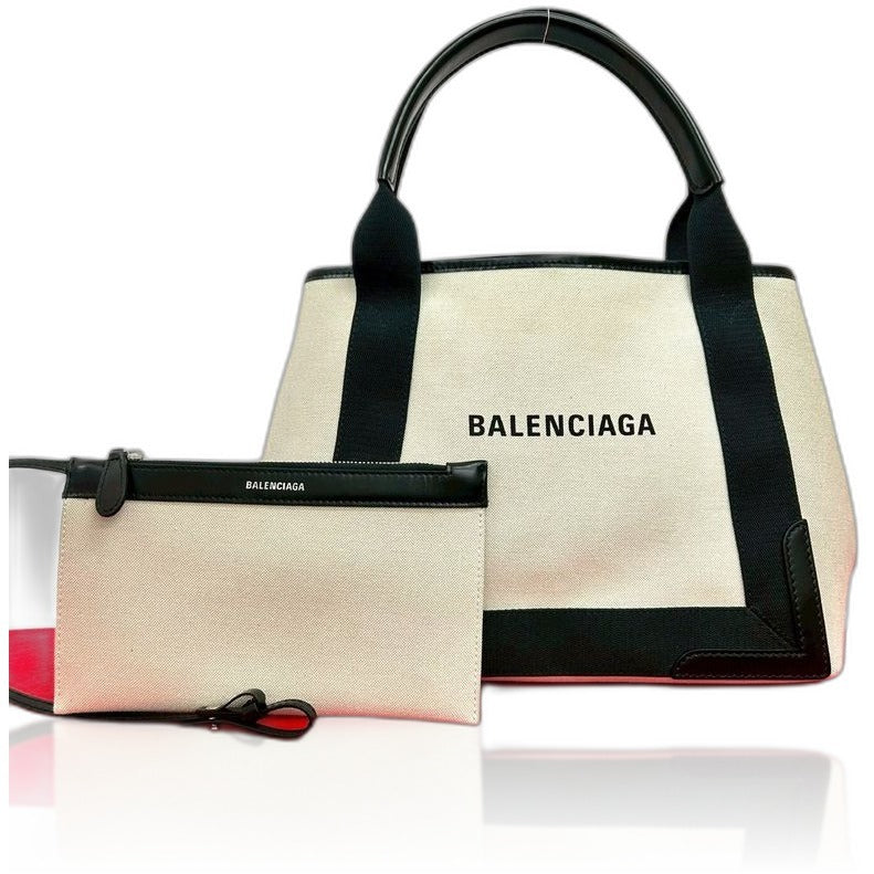 Balenciaga Navy Cabas S Logo Canvas Leather Tote Ivory Black