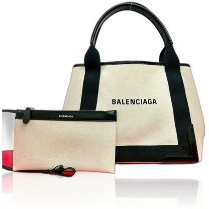 Balenciaga Navy Cabas S Logo Canvas Leather Tote Ivory Black