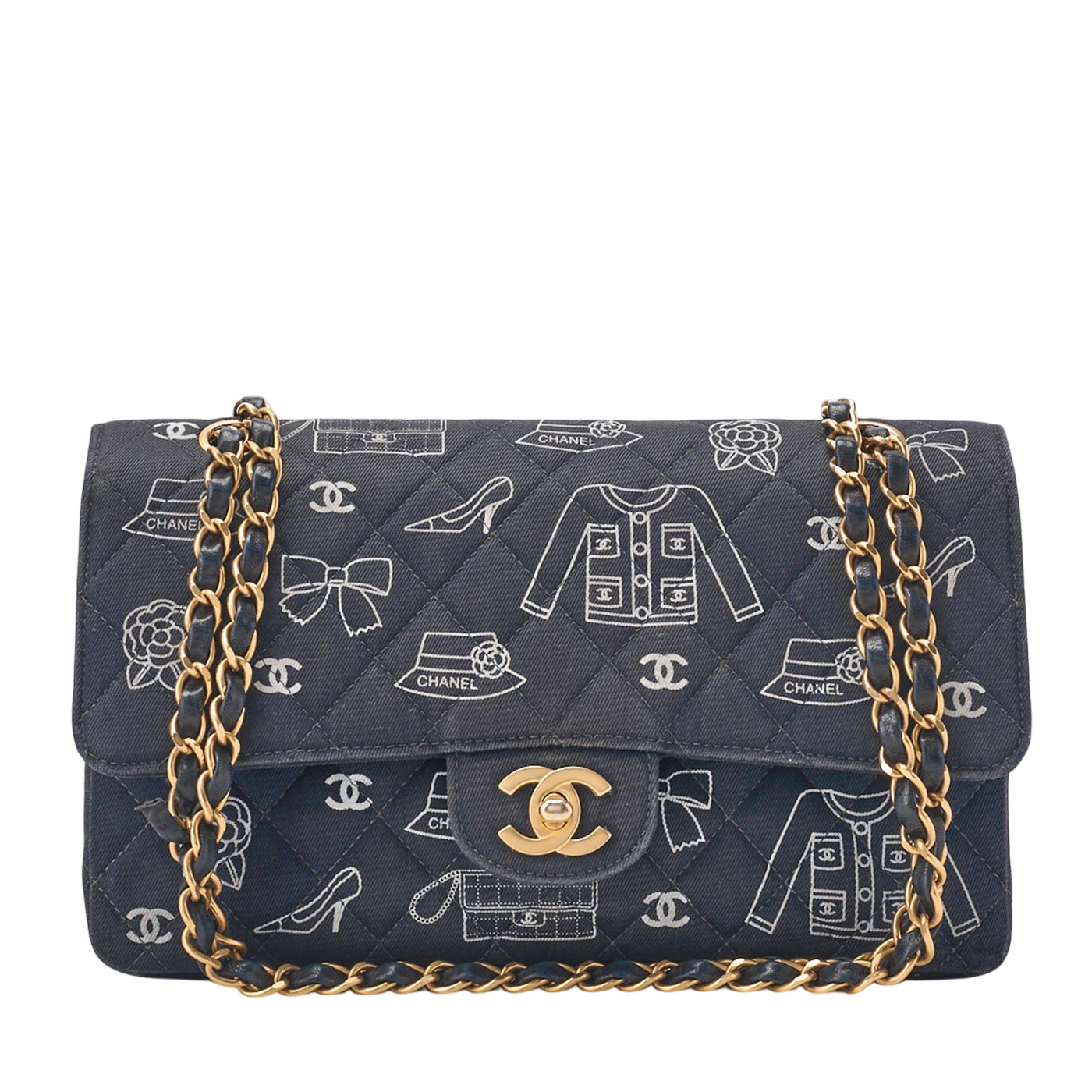 Chanel Matelasse W Flap 25 Icon Print Chain Shoulder Canvas Bicolor Black With