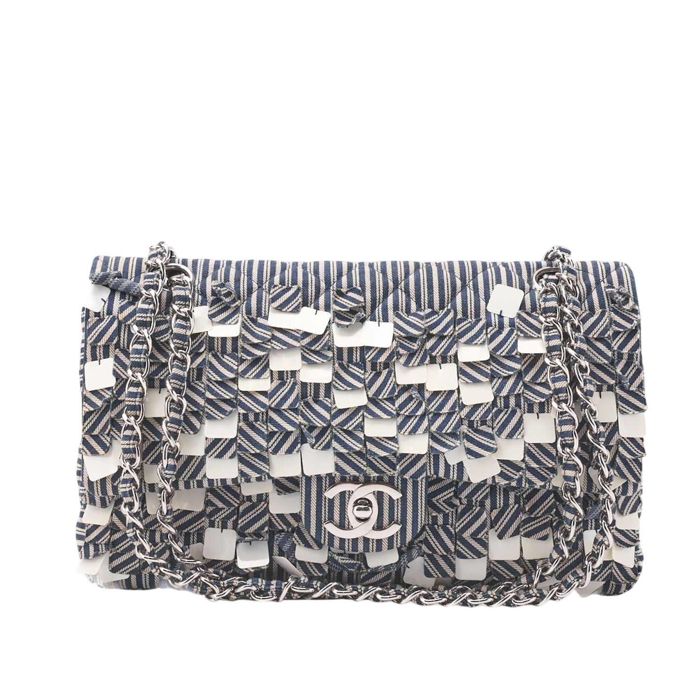 Chanel Shoulder Bag Matelasse Double Flap Stripe Chain Shoulder Cotton Navy And