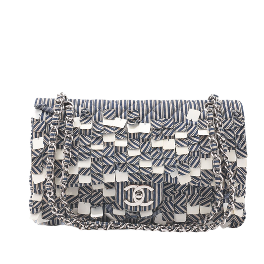 Chanel Shoulder Bag Matelasse Double Flap Stripe Chain Shoulder Cotton Navy And
