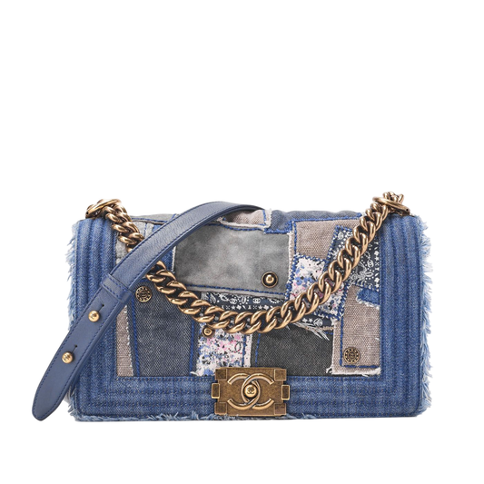 Chanel Boy Chanel Patchwork Chain Shoulder Denim Blue With Gold Hardware