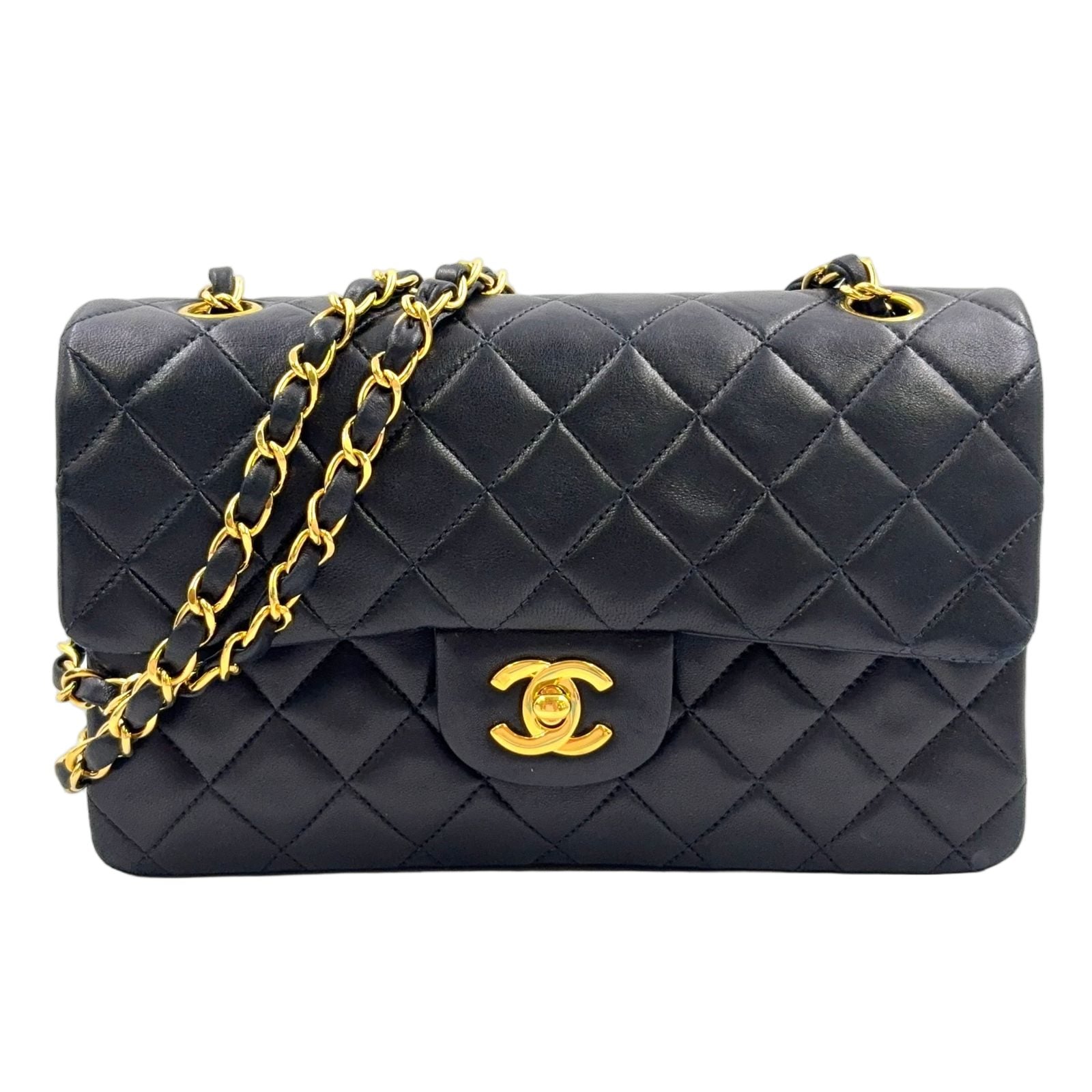 Chanel Double Flap Quilted Lambskin Black Chain Shoulder Bag Gold