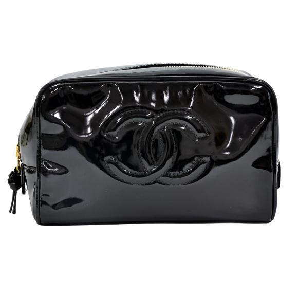 CHANEL CC Patent Leather Vanity Cosmetic Makeup Case Pouch Bag Black