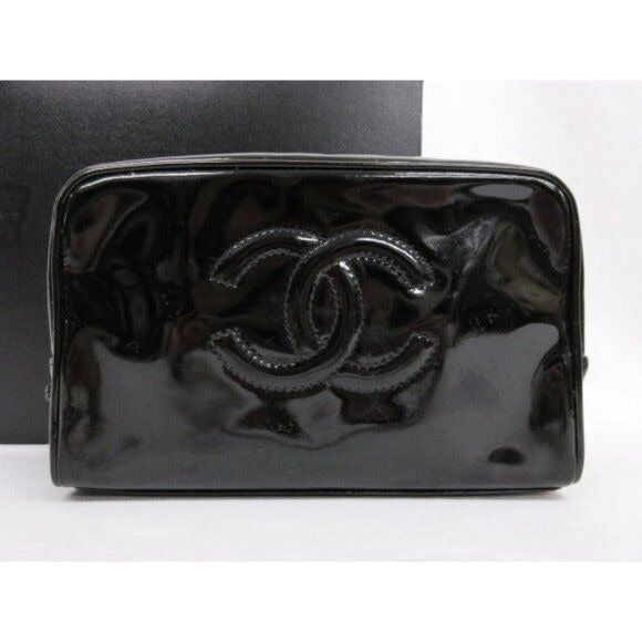 CHANEL CC Patent Leather Vanity Cosmetic Makeup Case Pouch Bag Black