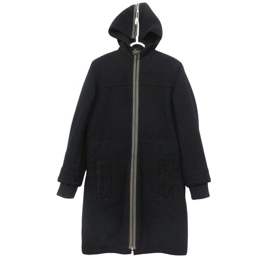 Chanel Stainless Steel Coat Inner Shearling Hooded Outer Zip Up Black