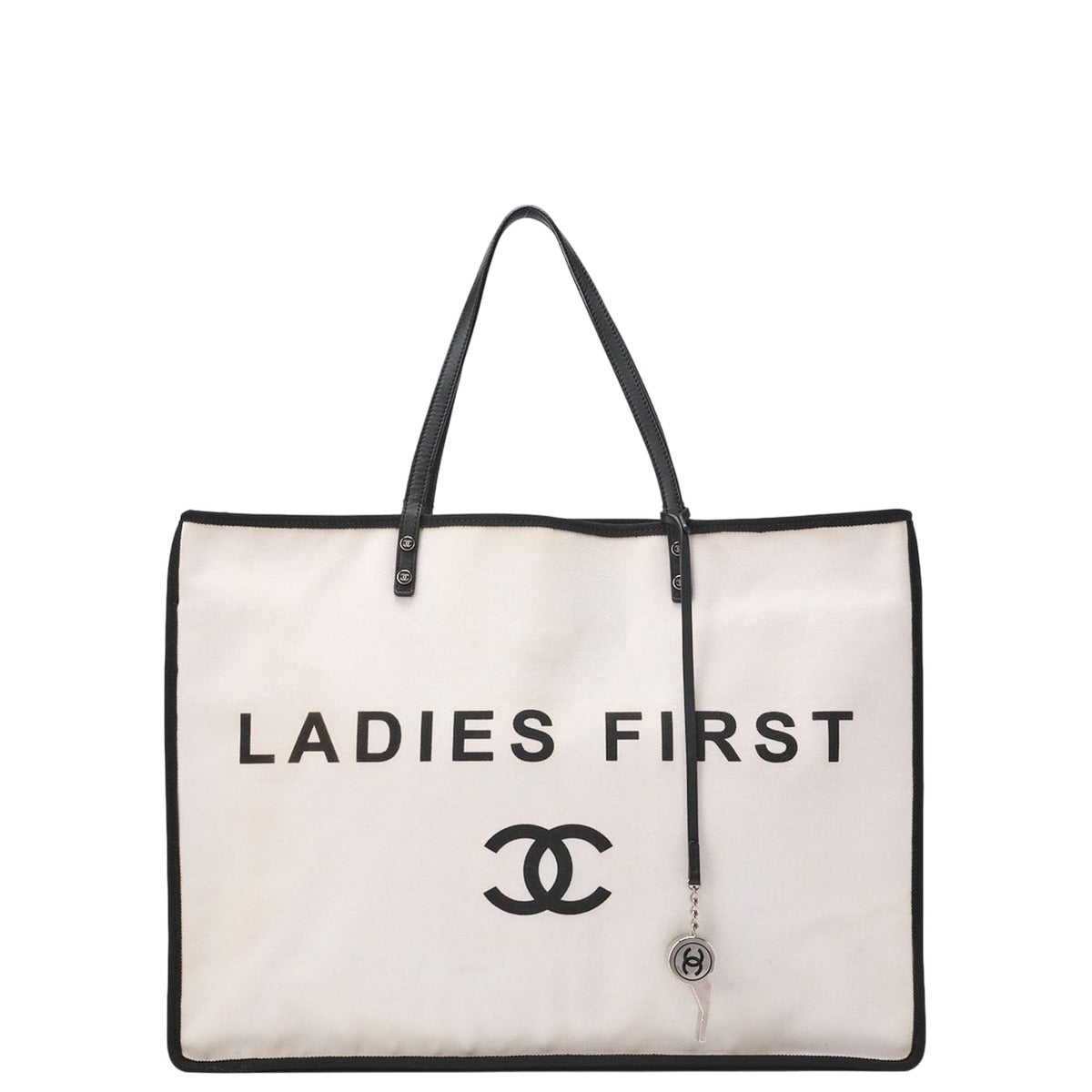 Chanel Tote Bag Canvas With Whistle Charm White And Black Silver