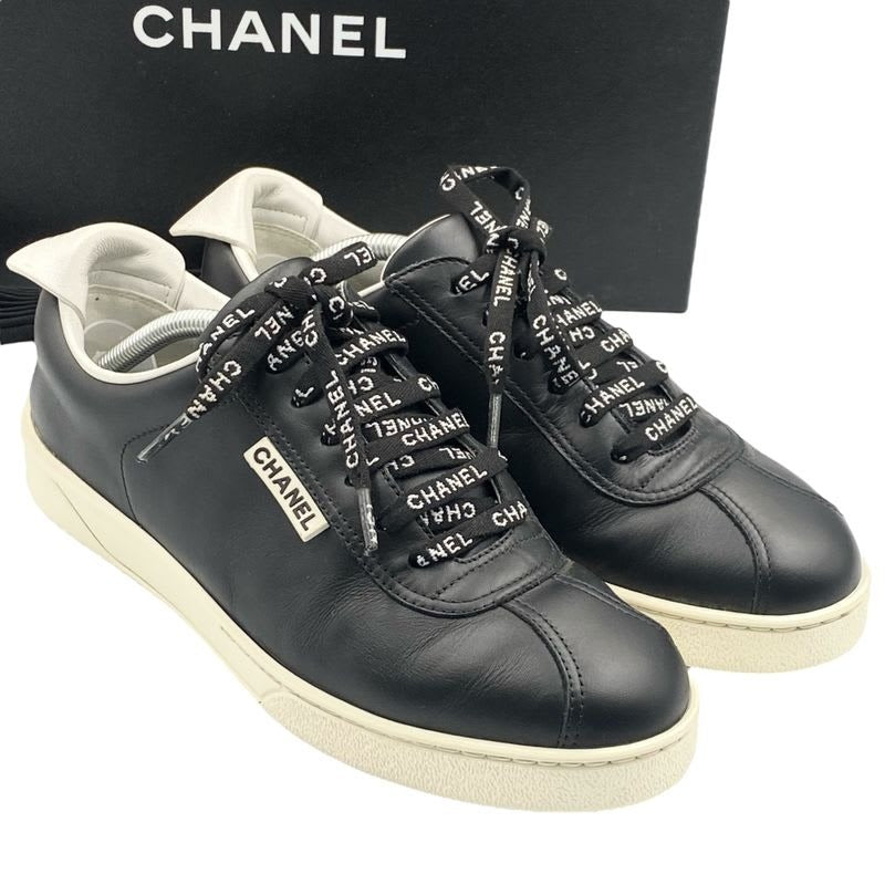 Chanel Coco Mark Sneakers Logo Leather Black White Size 38