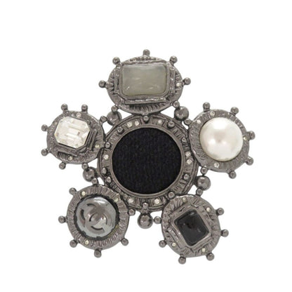 Chanel CC Logo Metal Black Silver Brooch