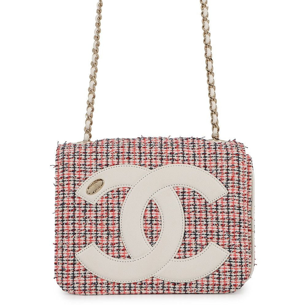 Chanel Chain Shoulder Bag Deca Coco CC Logo Full Flap Tweed Leather White Multicolor