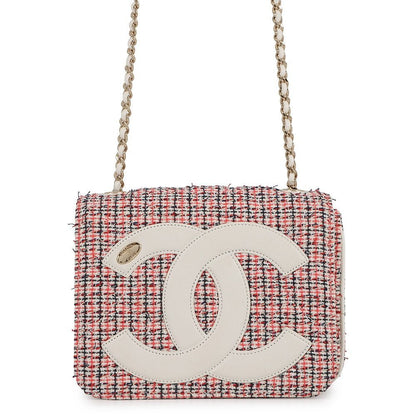 Chanel Chain Shoulder Bag Deca Coco CC Logo Full Flap Tweed Leather White Multicolor