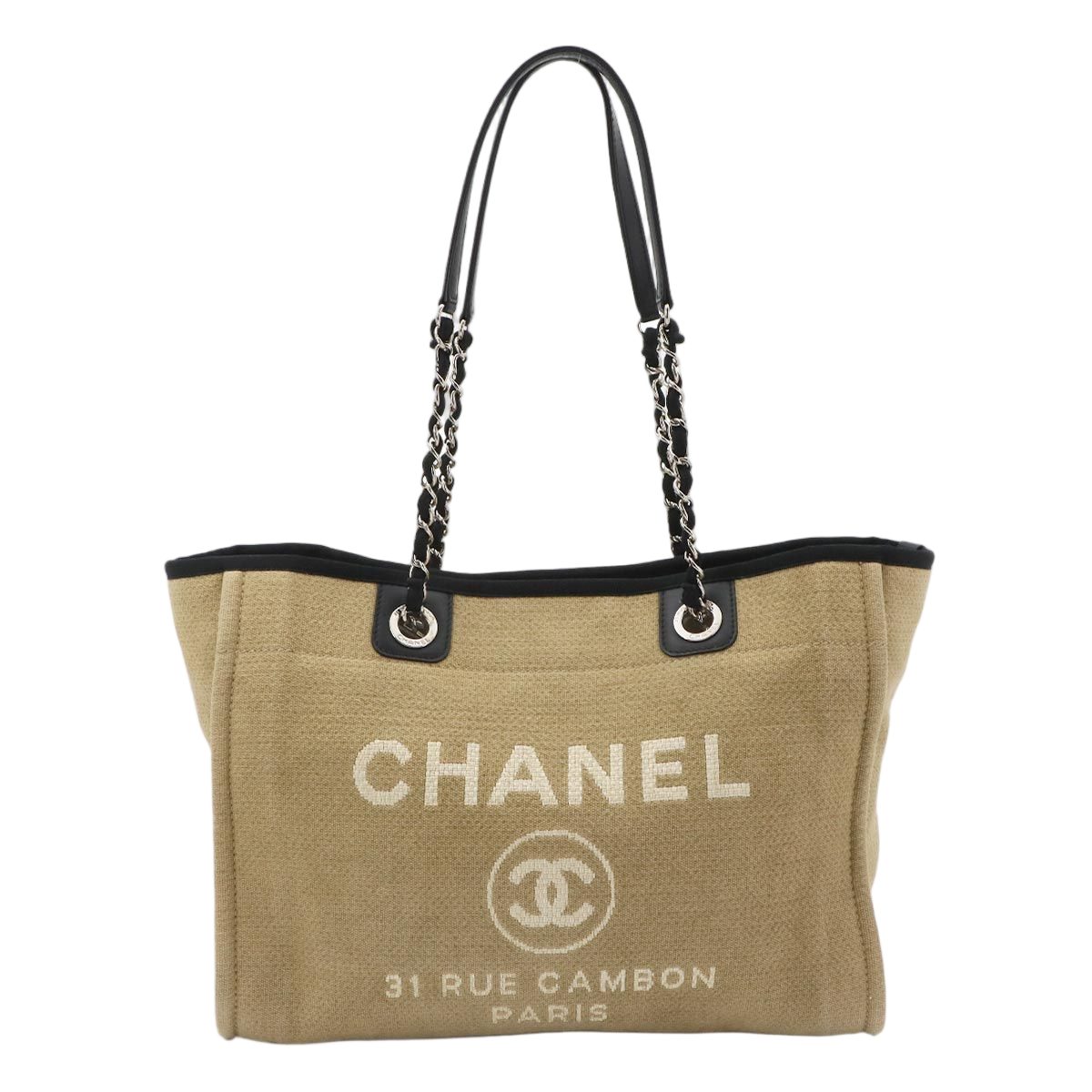 Chanel Deauville MM Chain Tote Canvas Leather Beige Black