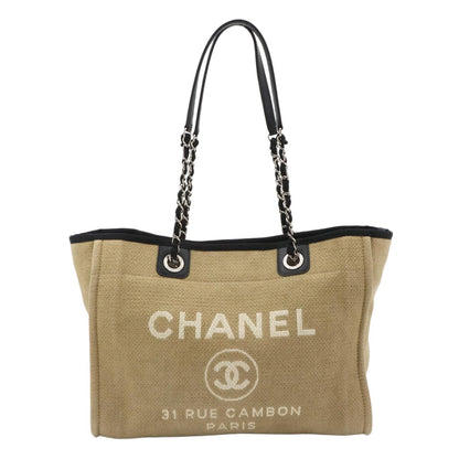 Chanel Deauville MM Chain Tote Canvas Leather Beige Black