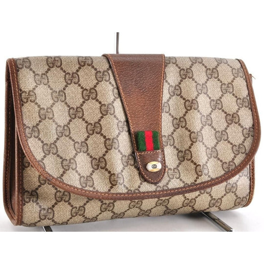 Gucci GG Supreme Ophidia Sherry Line Clutch Bag Wallet Web Canvas Tan