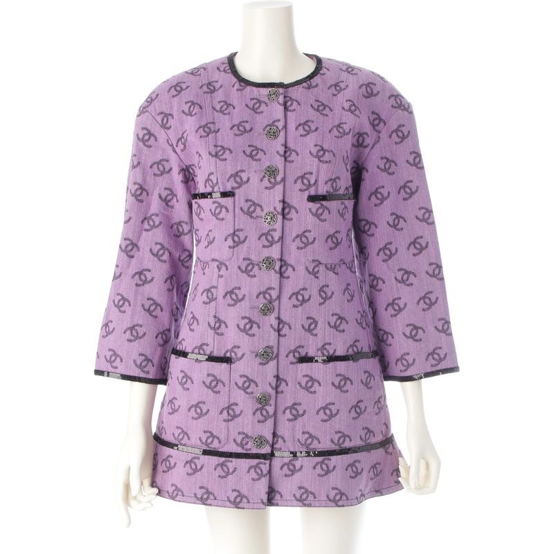 Chanel 22 S Coco Mark Full Logo Sequin No Color Long Jacket Dress Purple