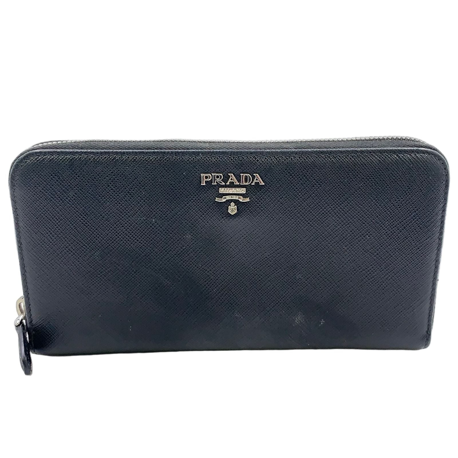 Prada Logo Zip Around Leather Black Wallet Silver