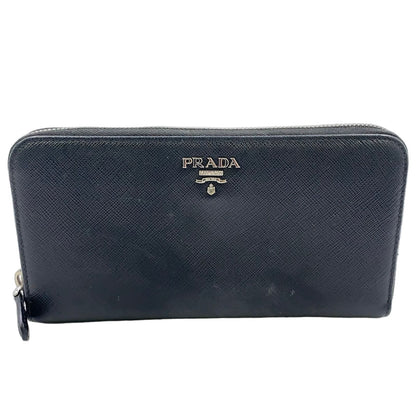 Prada Logo Zip Around Leather Black Wallet Silver