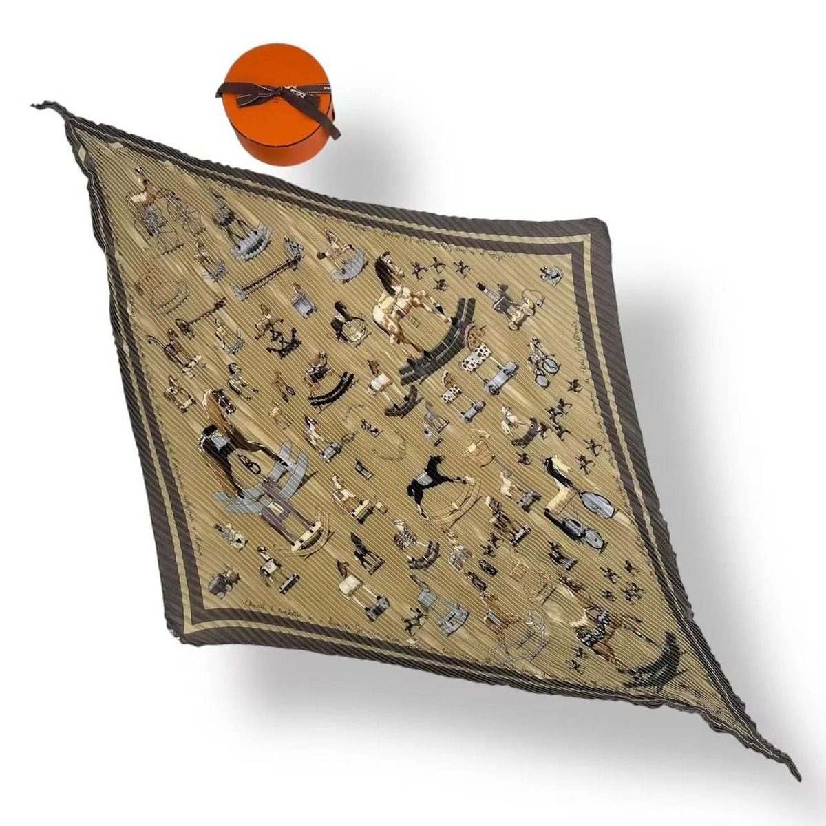 Hermes Pleated Scarf Silk Raconte Moi le Cheval Talking About Horses Beige