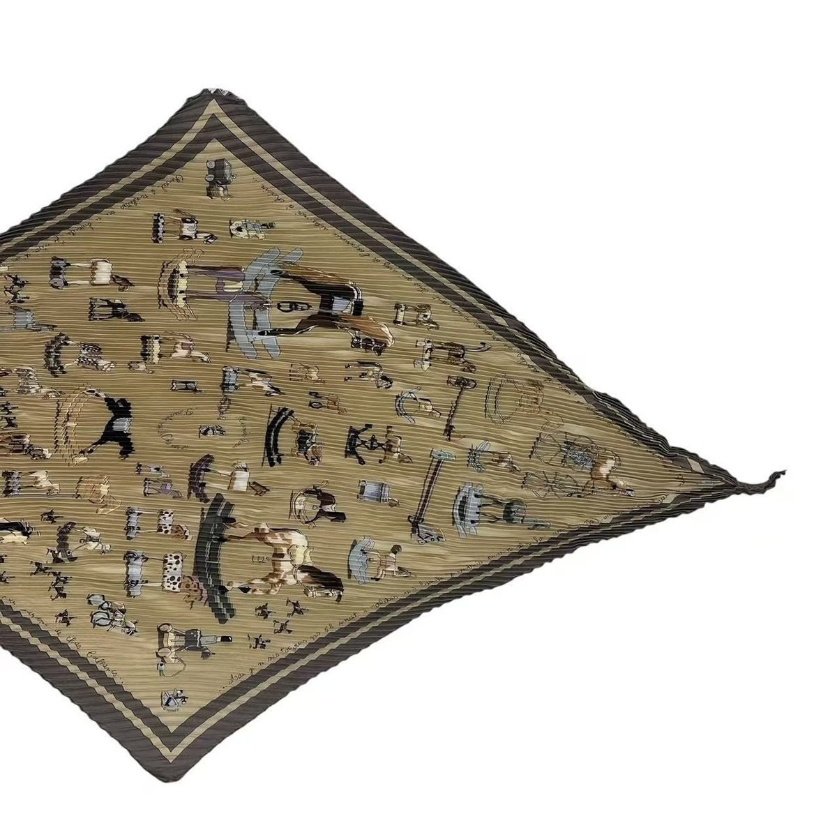 Hermes Pleated Scarf Silk Raconte Moi le Cheval Talking About Horses Beige — view 3
