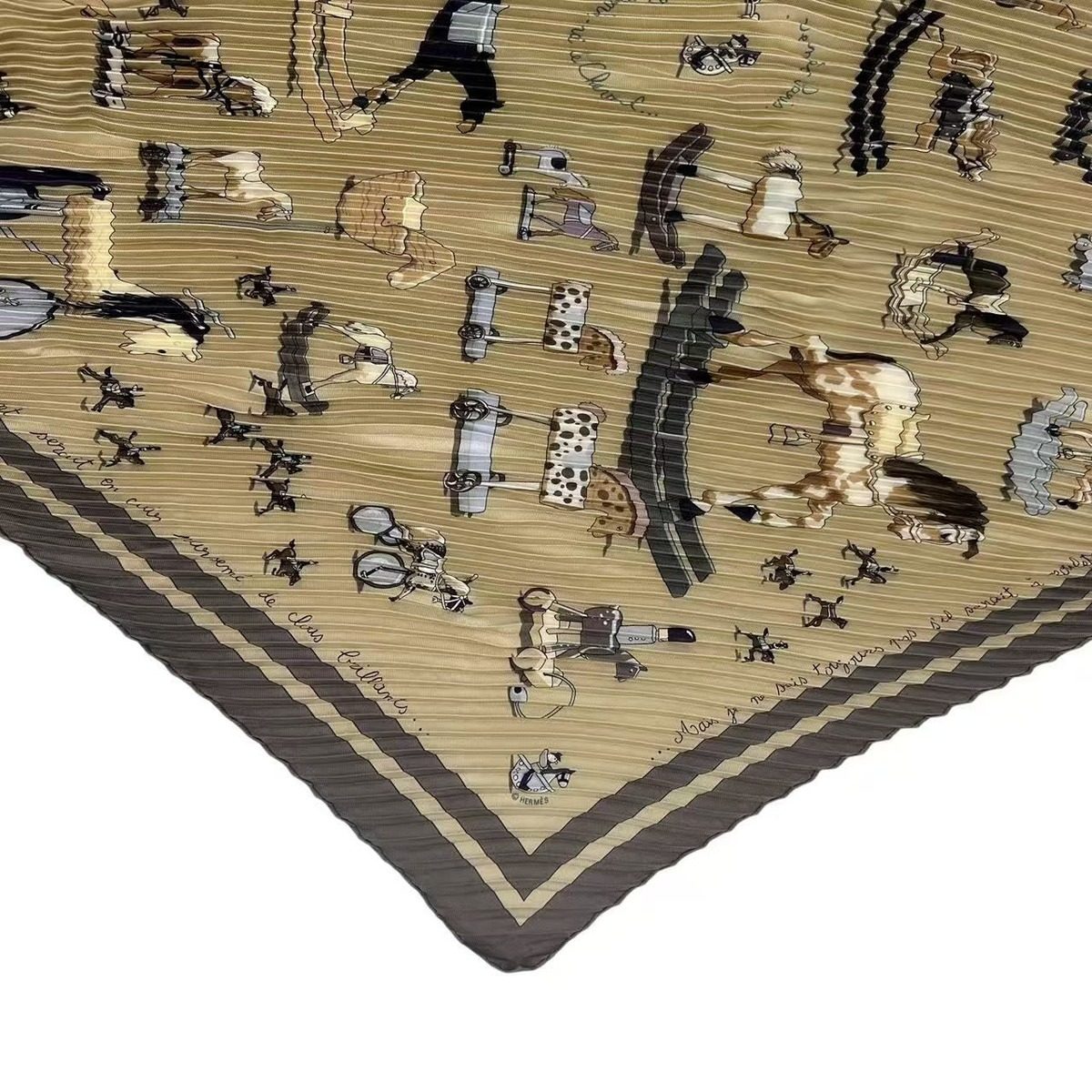 Hermes Pleated Scarf Silk Raconte Moi le Cheval Talking About Horses Beige — view 5