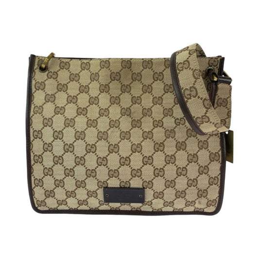 Gucci Plate Charm Beige Brown Gold Hardware GG Canvas 91762 Shoulder Bag