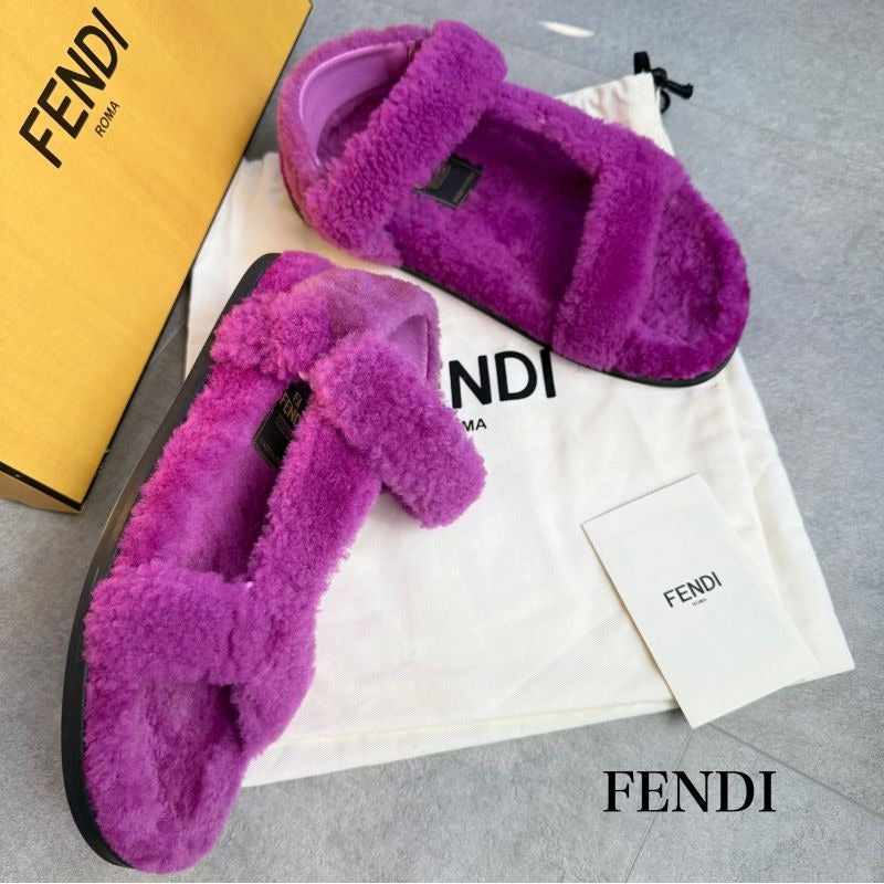 Fendi Shearling Strap Sandals 37 Zucca Pattern Purple Mouton Shoes Flat