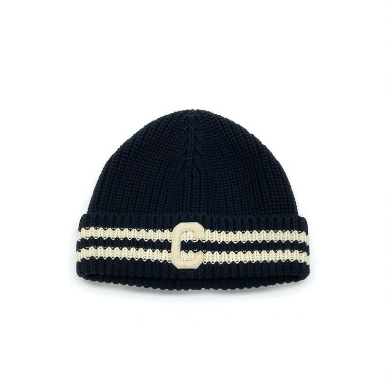 Celine Hat Cotton Navy Ivory C Logo Knit Cap