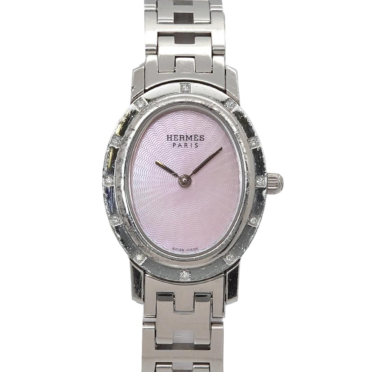 Hermes Clipper Nacre Oval Vintage Watch Diamond Bezel Quartz