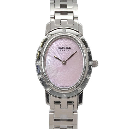 Hermes Clipper Nacre Oval Vintage Watch Diamond Bezel Quartz