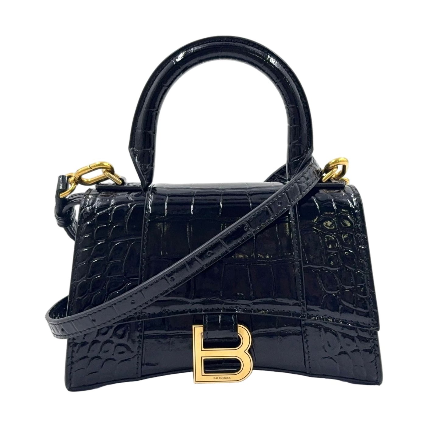 Balenciaga Hour Glass 2-Way Shoulder Calfskin Black Handbag Gold