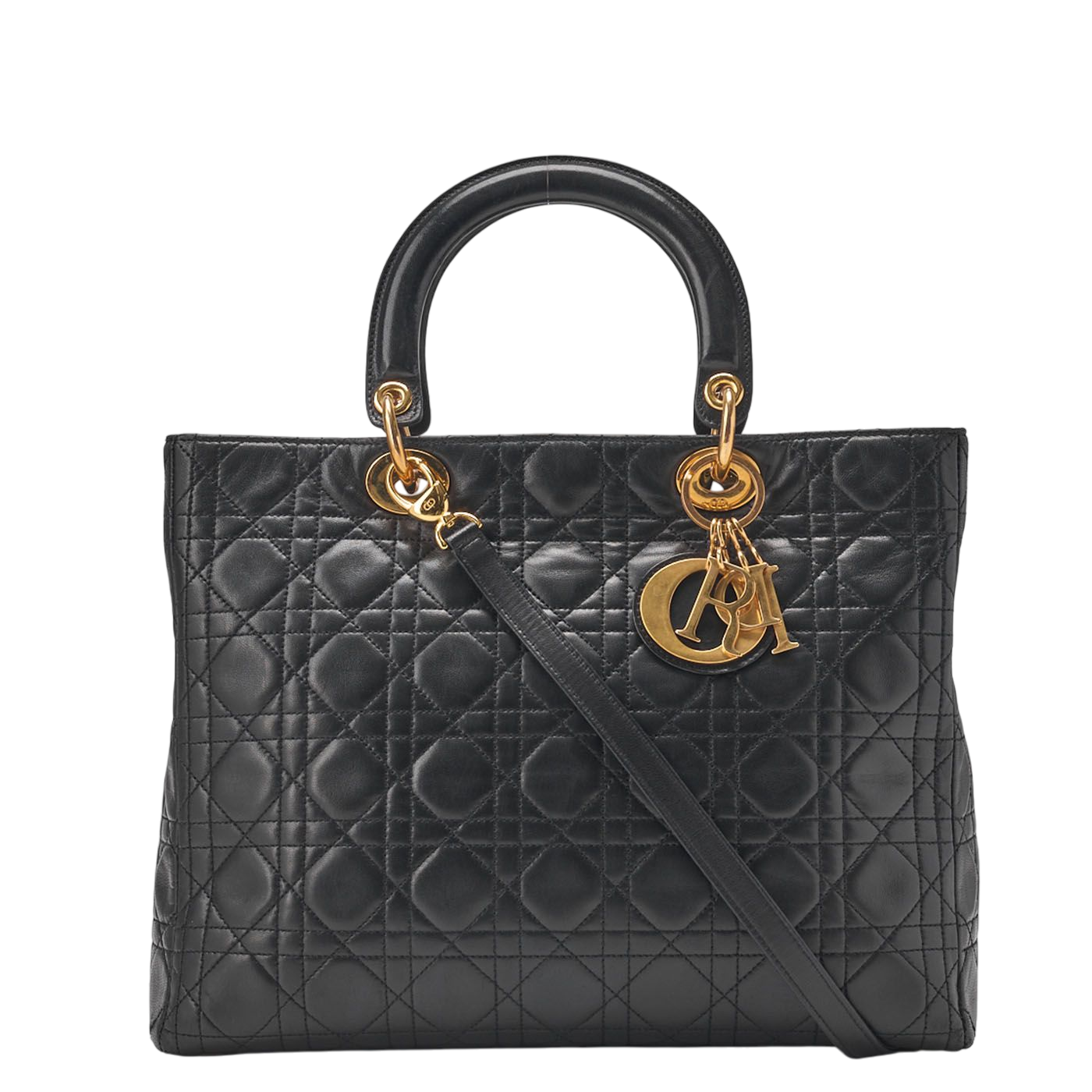 DIOR Lady Dior Cannage Handbag 2-way Lamb Skin Black Large Size (gold Hardware)