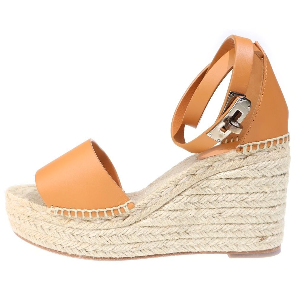 Hermes Tipoli Espadrilles Kelly Buckle Ankle Strap Leather Platform Sandals Brown Beige
