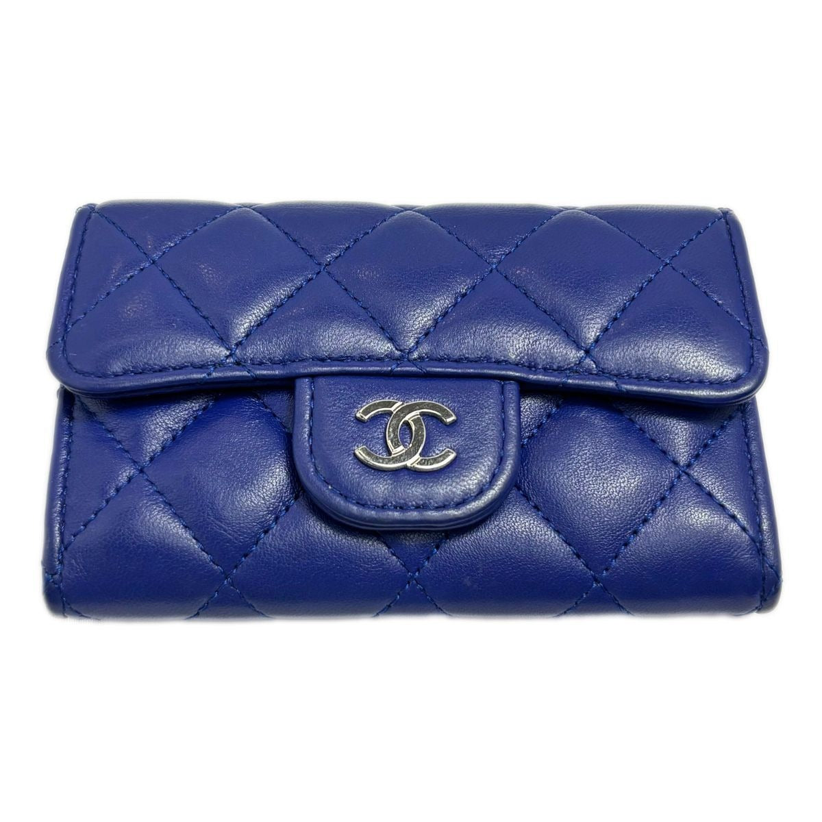 Chanel Card Case Business Holder Quilted CC Logo Lambskin Blue Silver