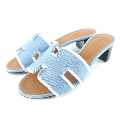 Hermes Oasis H Design Chunky Heel Denim Sandals Indigo 35 Boxes Storage Bag