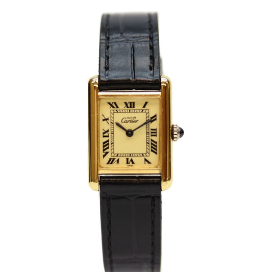 Cartier 925 Must Tank Vermeil SM Roman Ivory Dial Manual Winding Leather Strap 1976-1981