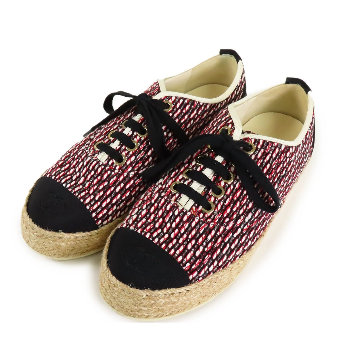 Chanel Espadrilles Sneakers Black Red White Jute Fabric Grosgrain Lace-up Low — view 2