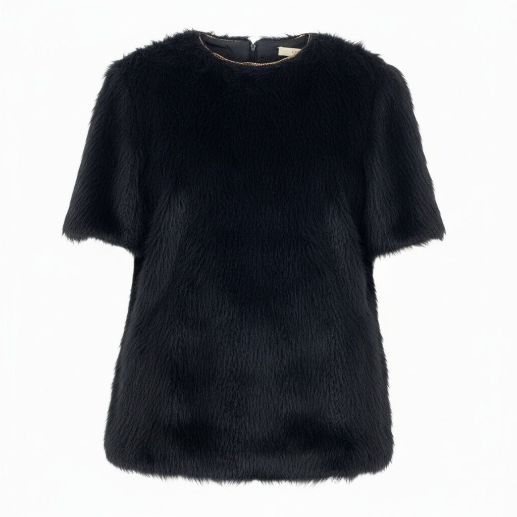 Celine Phoebe Philo Era Alpaca Cowl Blouse Fur Top Short Sleeve Top 36 Black